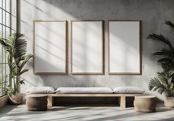 Poster - Bohemian Interior with Empty Frames Plants and Natural Light Minimalist Home Decor Wall Art Mockup for Display : Generative AI