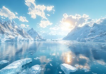 Poster - Breathtaking glacial bay with vibrant sunlight reflecting off calm waters surrounded by towering icy mountains : Generative AI