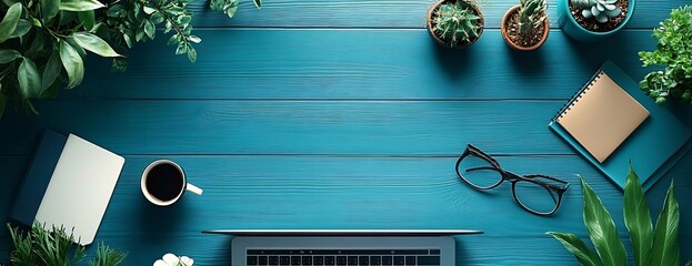 Aufkleber - Top Down View of Modern Workspace with Laptop Plants and Coffee on Blue Wooden Desk for Creative Productivity : Generative AI