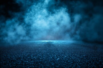 Poster - Mystical Blue Smoke on Dark Asphalt Creating an Atmospheric Stage Background for Dramatic Visuals : Generative AI