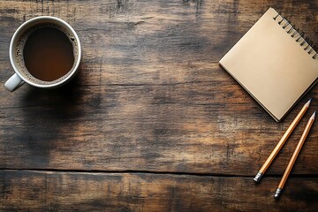 Aufkleber - Cozy Workspace Flat Lay with Coffee Cup Notepad and Pencils on Rustic Wood Tabletop Still Life : Generative AI