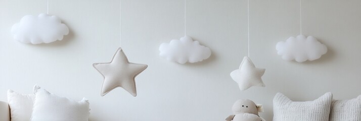Fototapete - Delicate clouds and stars suspended from invisible strings create a soothing nursery atmosphere for a peaceful space