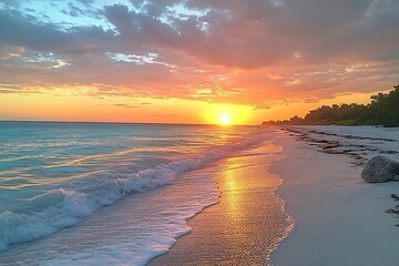 Poster - Tropical Beach Sunset with Golden Light Reflecting on Water a Peaceful Seascape for Travel and Relaxation : Generative AI