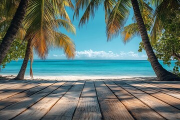 Aufkleber - Tropical Beach Paradise with Palm Trees Turquoise Water Wooden Pier and Clear Blue Sky Vacation Getaway Coastal Scenery : Generative AI