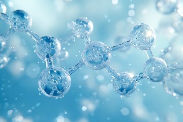 Leinwandbilder - Molecular Structure Model with Transparent Spheres and Bonds Scientific Visualization of Molecules on Blue Background : Generative AI