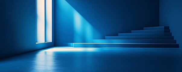 Poster - Minimalist Blue Room with Sunlight Streaming Through Window Modern Architecture Serene Interior Design Staircase Detail : Generative AI