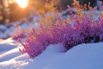 Aufkleber - Close Up of Pink Heather Flowers Covered in Snow during Winter Sunset Beauty : Generative AI