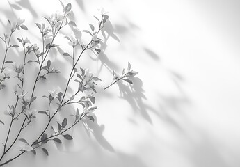 Aufkleber - Elegant Floral Arrangement of White Flowers and Branches with Shadow Play on a Clean White Surface for Minimalist Designs : Generative AI