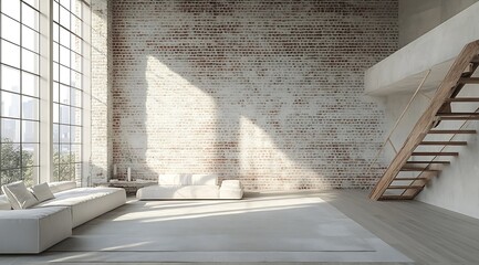 Aufkleber - Modern Loft Interior with White Brick Wall Minimalist Design and Natural Light Spacious Living Room with Wooden Staircase : Generative AI