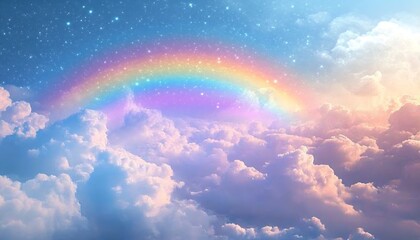 Poster - Serene landscape featuring a vibrant rainbow amidst fluffy clouds and a starry sky : Generative AI