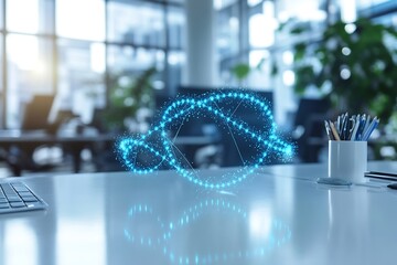 Fototapete - Abstract Technology Concept Glowing Blue Node Network on a Desk in a Modern Office Setting : Generative AI