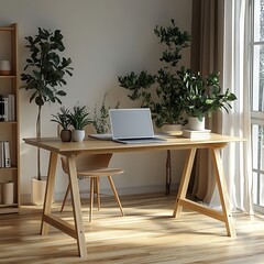 Fototapete - Modern Home Office Setup with Wooden Desk Laptop and Green Plants Natural Light and Minimalist Design Interior Scene : Generative AI
