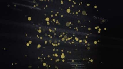 Poster - Floating golden particles over dark background with faint binary code animation