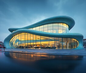 Poster - Stunning Modern Architecture Glass Building with Curvilinear Design and Wet Pavement Reflection at Twilight Hour : Generative AI