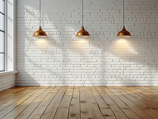 Fototapete - Modern Interior with White Brick Wall and Pendant Lights Contemporary Room Design with Wood Floor Home Decor : Generative AI