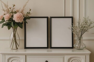 Aufkleber - Elegant Home Decor with Floral Bouquets and Blank Frames Romantic Interior with Mockup Frames on White Dresser : Generative AI
