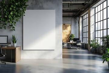 Fototapete - Modern Office Interior with Blank Poster Mockup and Green Plants Industrial Workspace with Natural Light and Concrete Walls : Generative AI