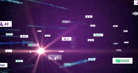 Poster - Animation of digital data points and graphs floating in starry purple space background