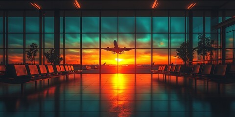 Fototapete - Airport at Sunset Airplane Taking Off Dramatic Sky Modern Terminal Interior Golden Hour Travel : Generative AI