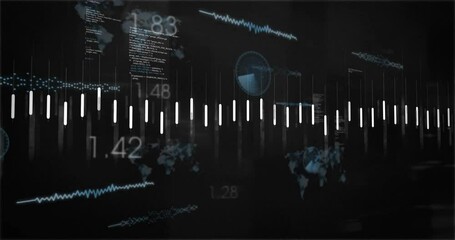 Poster - World map with digital data, graphs, and numbers in animation on dark background
