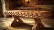 © Abdul - A highly detailed wooden table adorned with carved patterns of overlapping waves, symbolizing unity and shared purpose, placed in a warmly lit