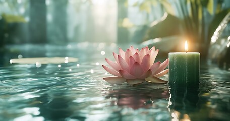 Aufkleber - Spa Scene with Lotus Flower and Candle Floating on Water Zen and Meditation Concept Serene and Tranquil : Generative AI