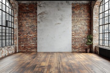 Aufkleber - Industrial Loft Interior with Brick Walls Wooden Floor Large Windows and Natural Light for Design Inspiration : Generative AI