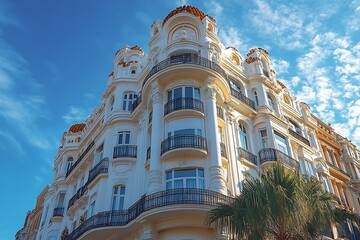 Poster - Majestic White Building with Ornate Balconies Under Blue Sky in Valencia Spain Photo of Architectural Landmark : Generative AI