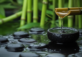 Aufkleber - Bamboo Fountain Serene Spa Scene with Water Pouring into Bowl Zen Garden Still Life : Generative AI