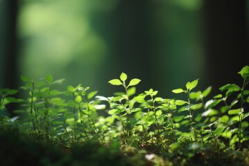 Poster - woodland greenery illuminated by diffused light showcasing young plants growing in serene forest