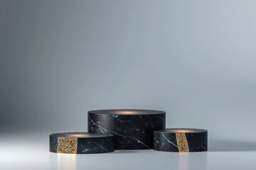 Poster - black marble podium with intricate golden accents softly lit in studio environment with wide copy sp