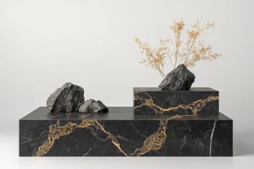 Poster - black marble podium with intricate golden accents softly lit in studio environment with wide copy sp