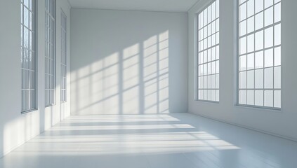 Aufkleber - Bright White Empty Room Interior with Large Windows and Sunlight Casting Shadows on Walls and Floor : Generative AI