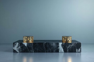 Poster - black marble podium with intricate golden accents softly lit in studio environment with wide copy sp