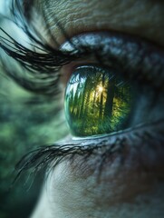 Poster - Close-up of an eye showcasing a forest reflection in the iris, capturing the beauty of nature with intricate green tones and fine details