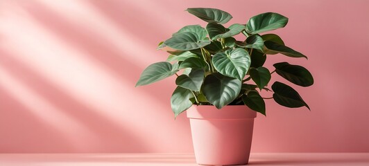 Aufkleber - Philodendron Plant in Pink Pot with Soft Sunlight A Minimalist and Calming Indoor Aesthetic Photograph : Generative AI
