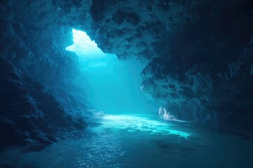 Poster - breathtaking underwater alien cave filled with glowing crystals and bioluminescent organisms light reflecting off clear