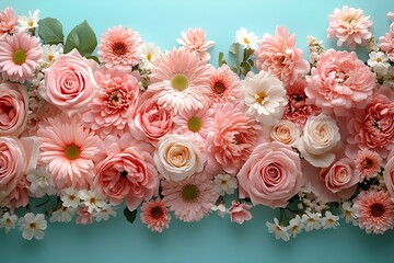 Aufkleber - Floral Beauty Pink Roses and Daisies on Teal Background Elegant Blossoms and Botanical Arrangement for Celebrations : Generative AI
