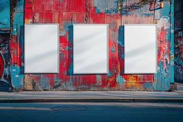 Poster - Three Blank Posters on a Graffiti Wall Urban Street Art Advertising Billboard Mockup : Generative AI