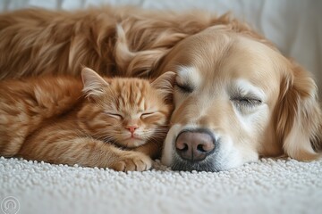 Poster - Cute Sleeping Cat and Dog Cuddling Together Harmony and Friendship Between Kitten and Golden Retriever Sweet Nap Time : Generative AI