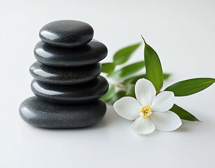 Poster - Stacked Spa Stones with White Flower and Green Leaves Zen Still Life for Relaxation and Meditation Wellness Concept : Generative AI