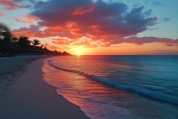 Aufkleber - Tropical Beach Sunset with Orange Sky and Blue Ocean Vacation Paradise with Palm Trees and Sand Seascape Beauty : Generative AI
