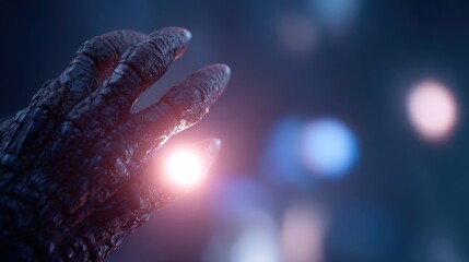 Poster - close-up of extraterrestrial creature hand using glowing device details of alien textures against blurred cosmic cityscape