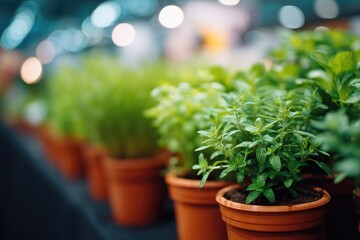 Poster - colorful array of potted herbs displayed at expo background softly blurred for professional and text-friendly image