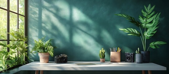 Poster - Vintage Camera and Green Plants on Desk Cozy Workspace Natural Light Rustic Decor Home Office Interior Design Inspiration : Generative AI