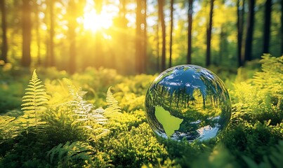 Aufkleber - EcoFriendly Concept Crystal Globe Reflecting Forest and Sunlight on Mossy Ground Sustainable Living and Environmental Awareness : Generative AI