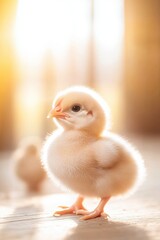 Poster - delightful shot of fluffy baby chicks exploring patch of sunlight in barn their small forms detailed