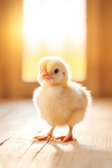 Poster - delightful shot of fluffy baby chicks exploring patch of sunlight in barn their small forms detailed