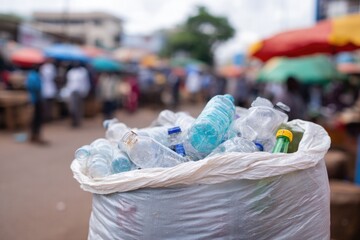 Poster - detailed shot of trash bag filled with plastic bottles set against backdrop of vibrant african market and wide copy