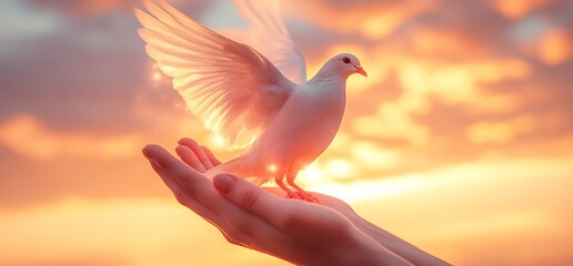 Poster - Dove perching delicately on hands during a beautiful sunset conveying tranquility and grace in a serene moment : Generative AI